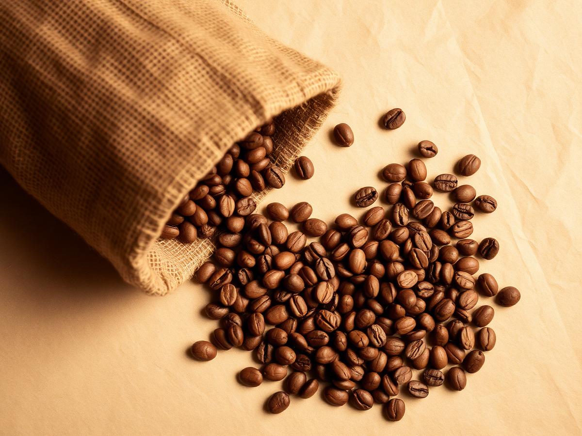 Roasted coffee beans spilling from a sack