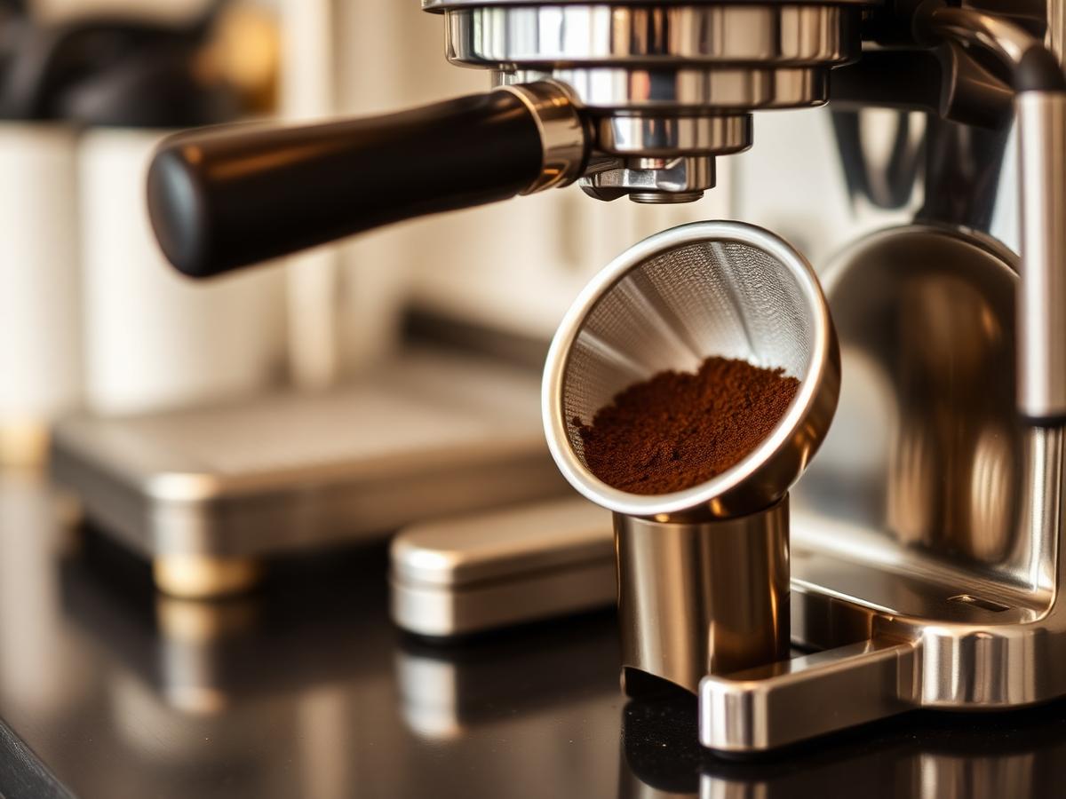 Grinder and portafilter with fresh ground coffee